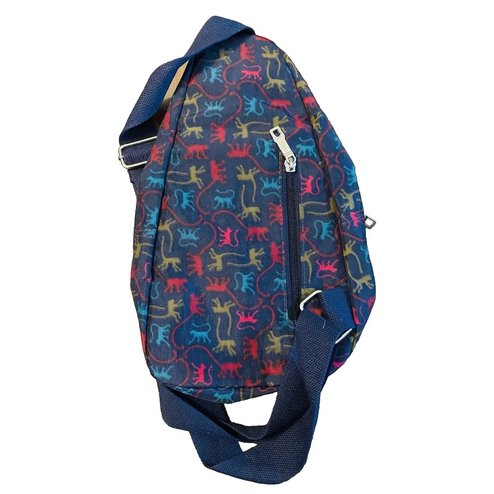 Bobo Obob Monkey Print Sling Backpack Crossbody Bag 4 Pocket Blue Colorful